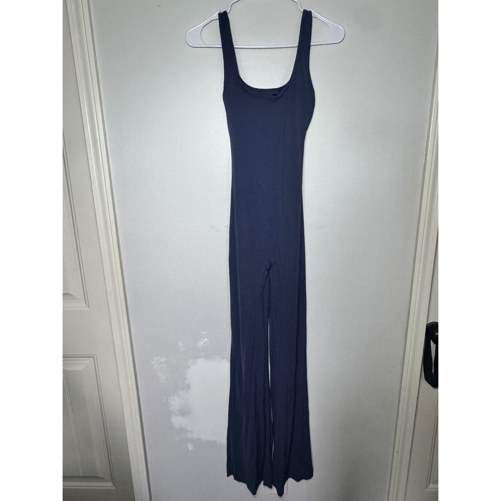 Navy Blue Open Back Ruched Flare Leg Jumpsuit Sleeveless Bodysuit Built-in‎ Bra